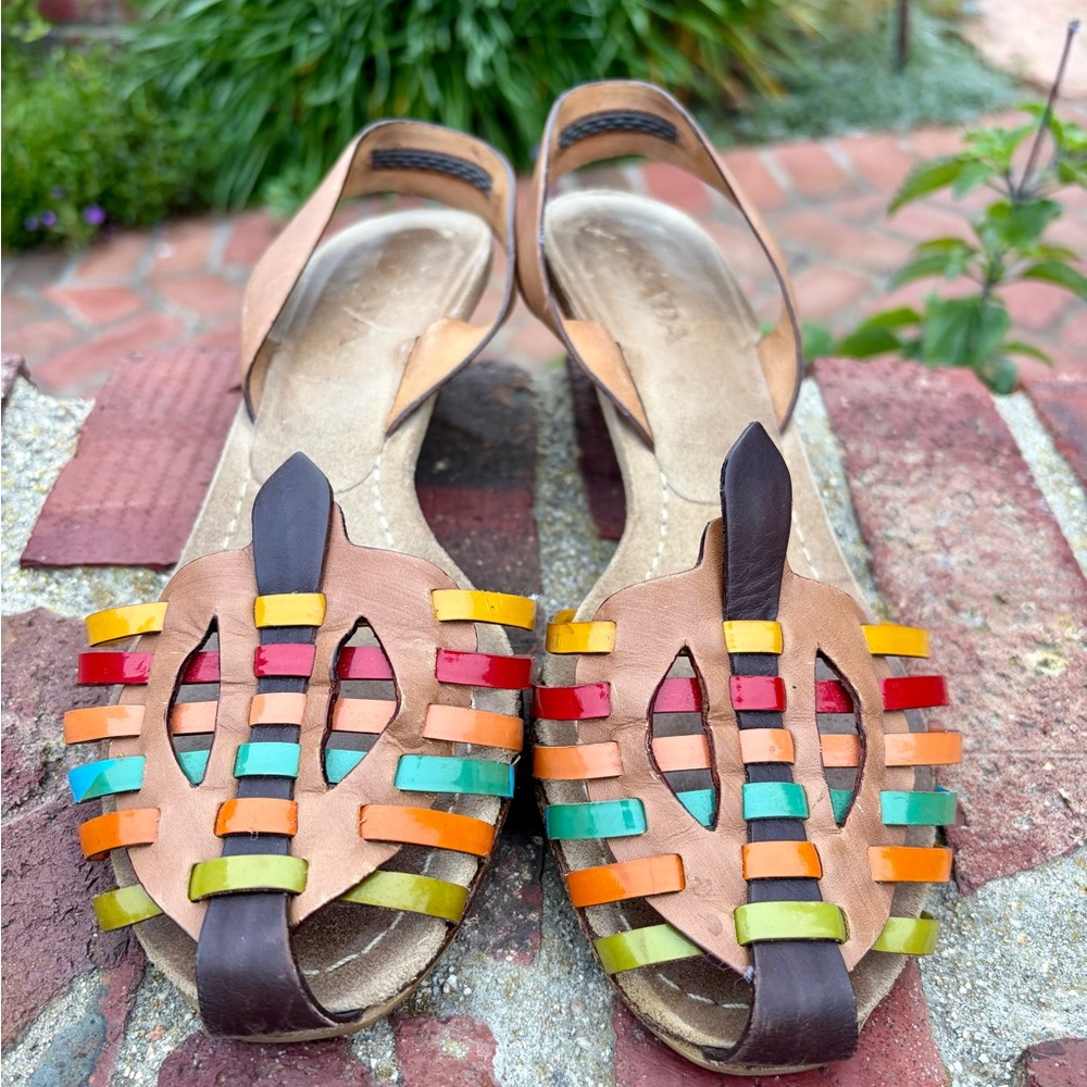 Prada Multicolored Leather Sandals Kitten Heels 37 Run Big